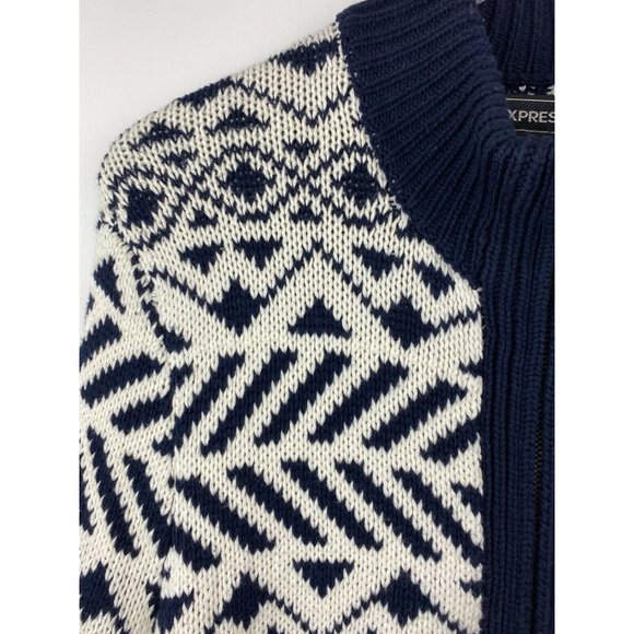 Vintage Express Navy & White Zip Front Chunky Knit Cardigan Sweater Size M - Picture 2 of 8